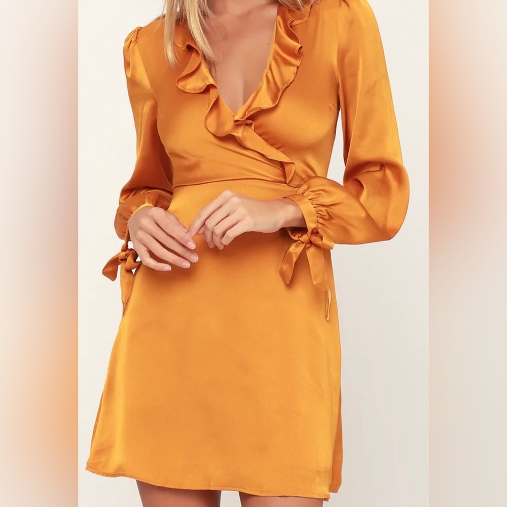 Lost +Wonder, Dawn Golden Yellow Satin Long Sleeve Surplice Dress